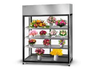 Kukkakylmähylly SMK Flower hyllyillä ja kukilla
