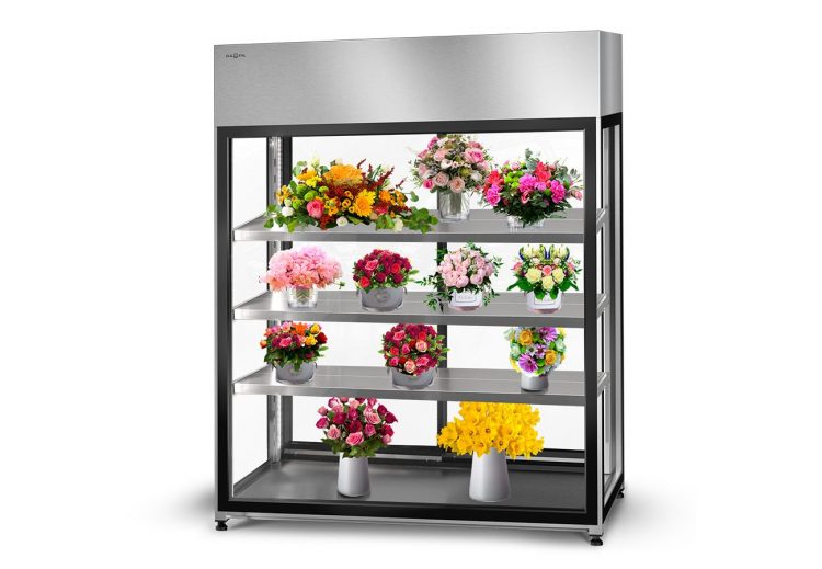 Kukkakylmähylly SMK Flower hyllyillä ja kukilla